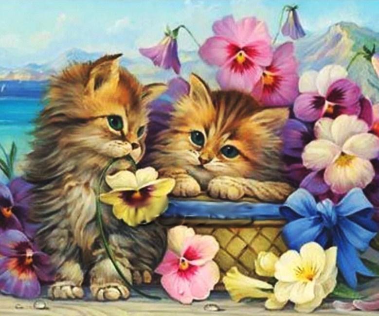 Katzen & bunte Blumen - Diamond Painting