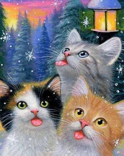 Katzen im Winter - malen mit Diamanten - Diamond Painting