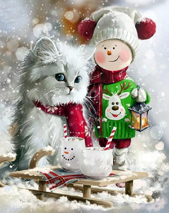 Weihnachtskind & entzückende Katze - Diamond Painting