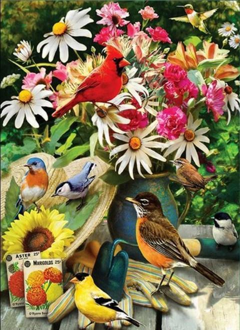 Bunte Blumenvase & schöne Vögel - Diamond Painting