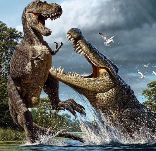 Krokodil und Dinosaurier kämpfen - Farbe von Diamanten - Diamond Painting