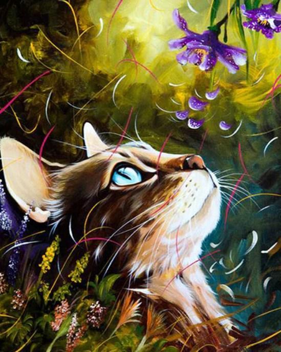 Niedliche Katze & Blütenblätter - Diamond Painting