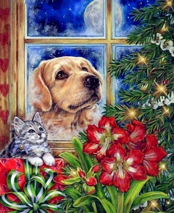Hund, Katze und Weihnachtsbaum - Diamond Painting