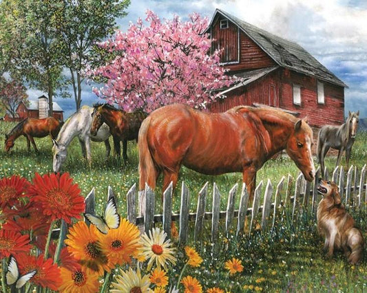 Hund & Pferde auf dem Bauernhof - Diamond Painting