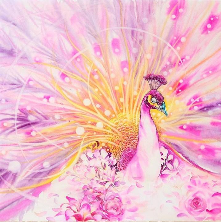 Eleganter rosa Pfau & Blumen - Diamond Painting