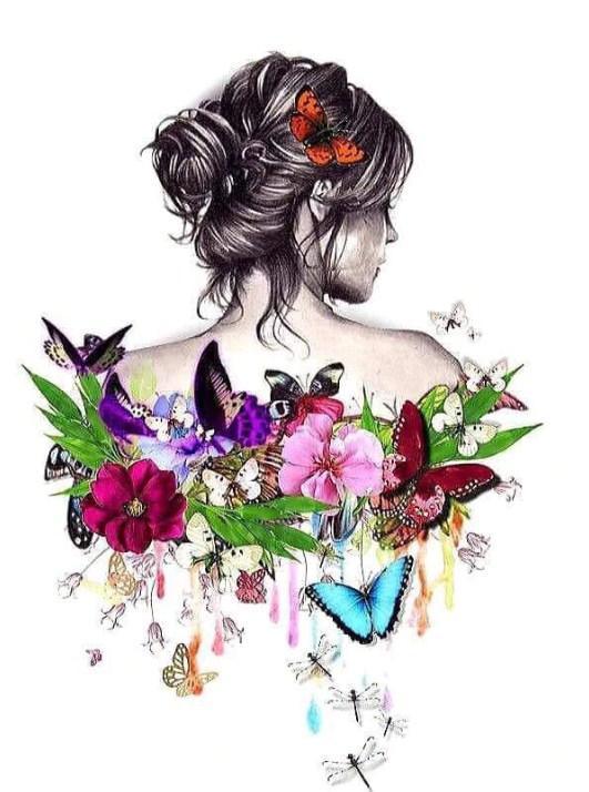 Blumen & Schmetterlinge auf ihrem Rücken - Diamond Painting