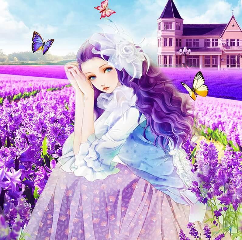Mädchen sitzt in Lavendel Blumen - Diamond Painting