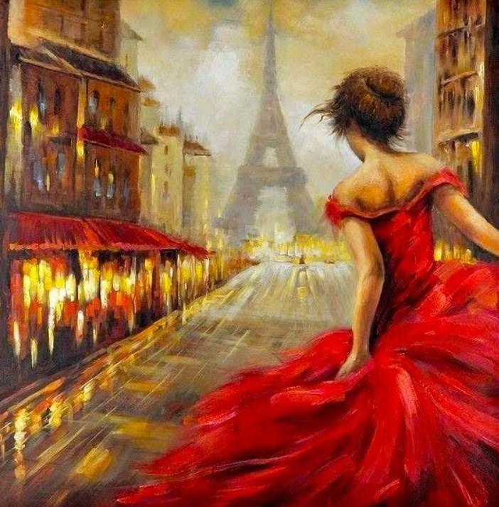 Mädchen im roten Kleid & Eiffelturm - Diamond Painting
