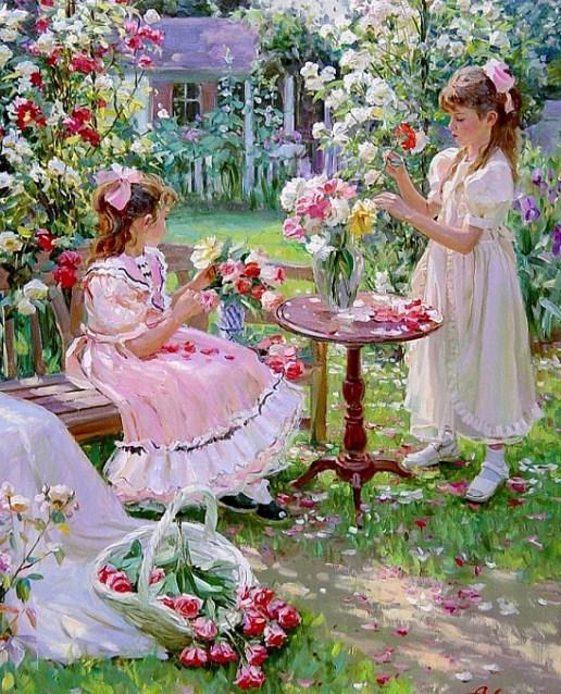 Mädchen pflücken Blumen im Garten - Diamond Painting