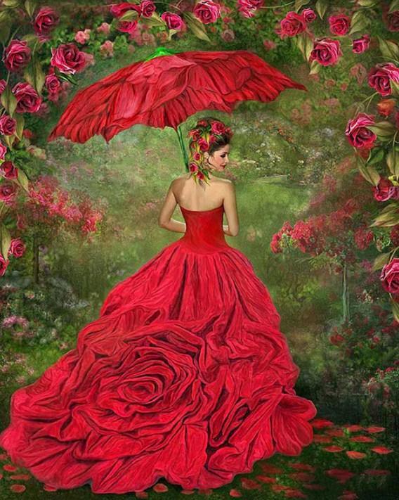 Wunderschönes Mädchen im Rosenkleid - Diamond Painting