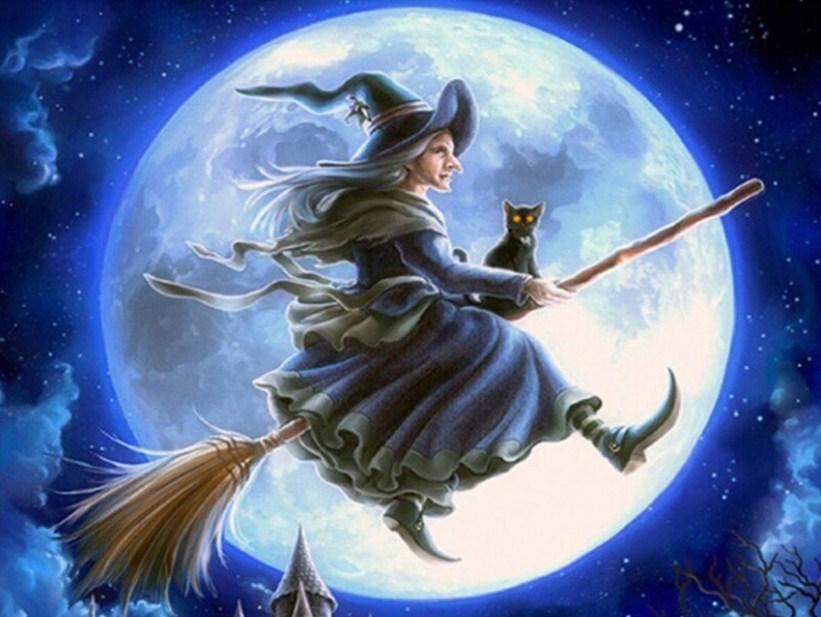 Halloween Hexe und Katze auf Besen - Diamond Painting