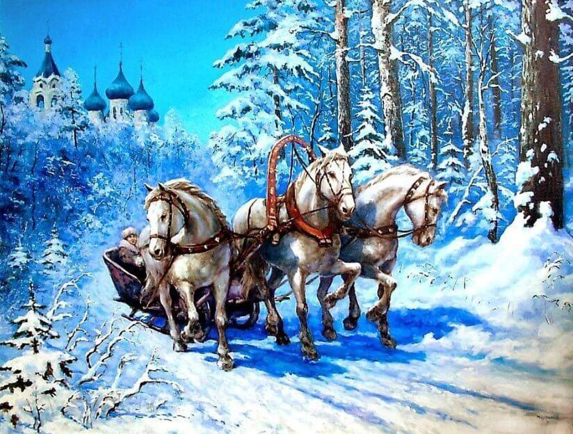 Pferde, die einen Wagen im Schnee tragen - Diamond Painting