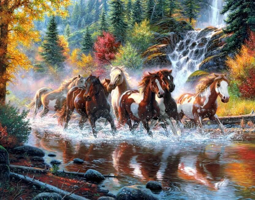 Pferde laufen im Wald - Diamond Painting