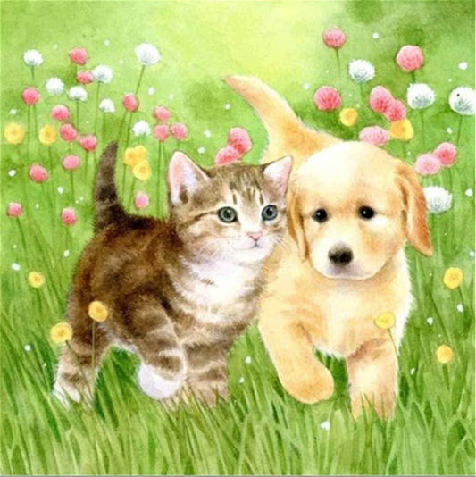 Kätzchen & Welpe im Garten - Diamond Painting