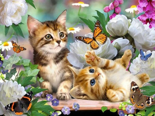 Kätzchen, Blumen & Schmetterlinge - Diamond Painting