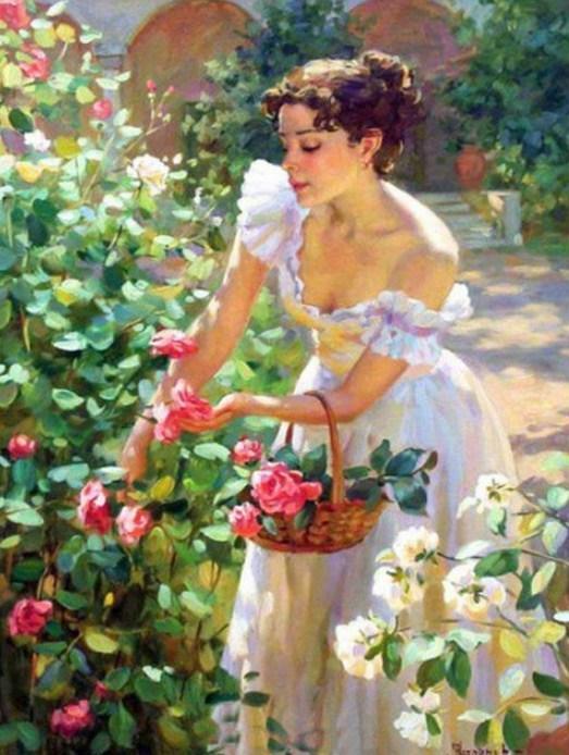 Dame, die Rosen pflückt - Vladislav Nagornov - Diamond Painting