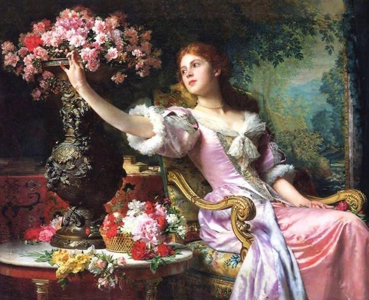 Dame im rosa Kleid mit Blumen - Diamond Painting