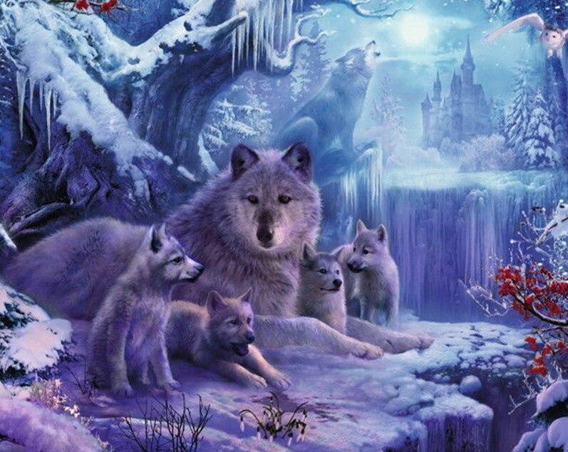 Mutter Wolf mit kleinen Jung - Diamond Painting