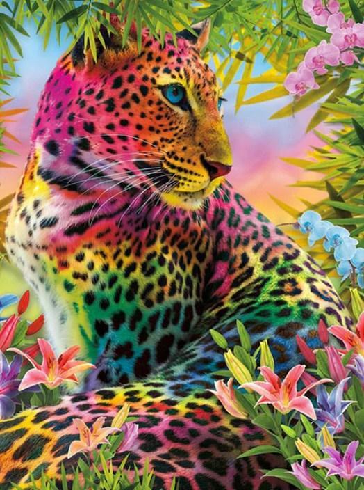 Regenbogen Leopard & Blumen. - Diamond Painting
