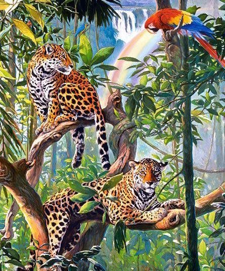 Papagei & Leoparden auf Bäumen - DIY Diamond Painting - Diamond Painting