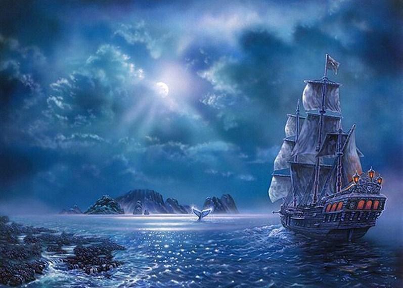 Schiff im Ozean in der Nacht - Diamond Painting