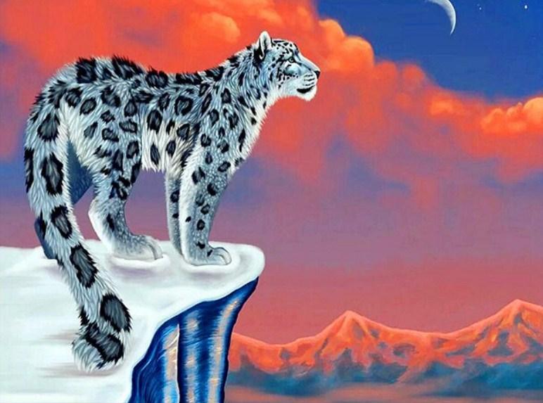 Schneeleopard & roter Himmel - Diamond Painting