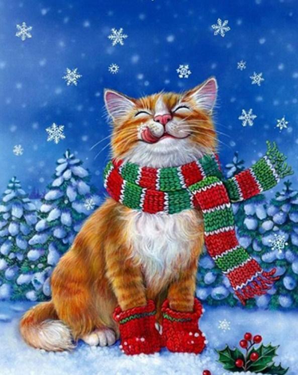Süße Katze in der Weihnachtszeit - Diamond Painting