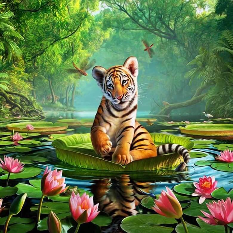 Tiger sitzen im Wasser Pfund - Diamond Painting