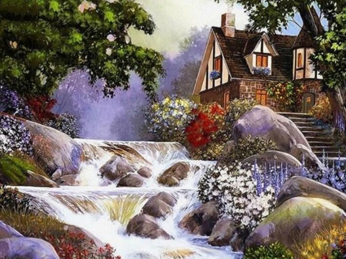 Wasserfall & schönes Haus - Diamond Painting