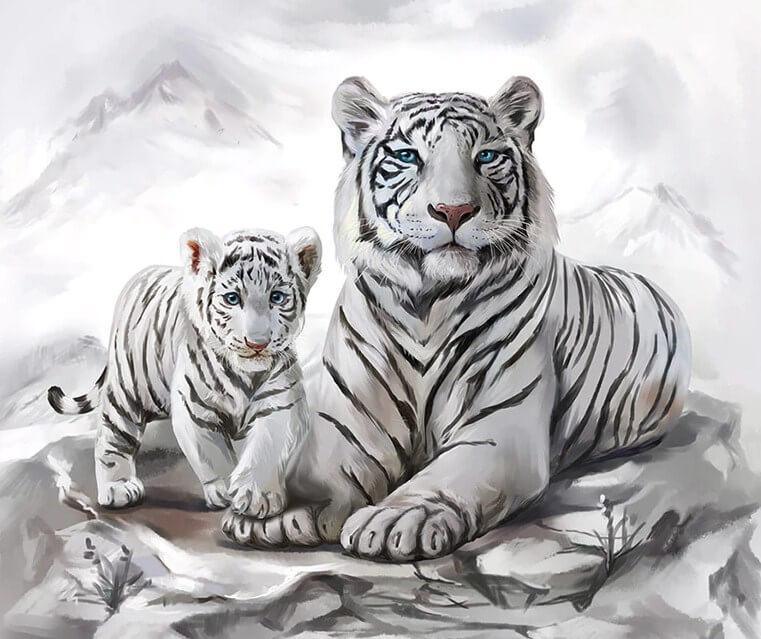 White Tiger & Cub Painting - Diamond Painting
