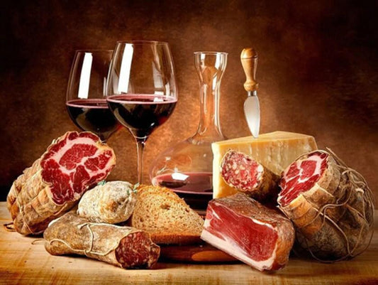 Wein-, Rindfleisch- und Brot Malerei - Diamond Painting