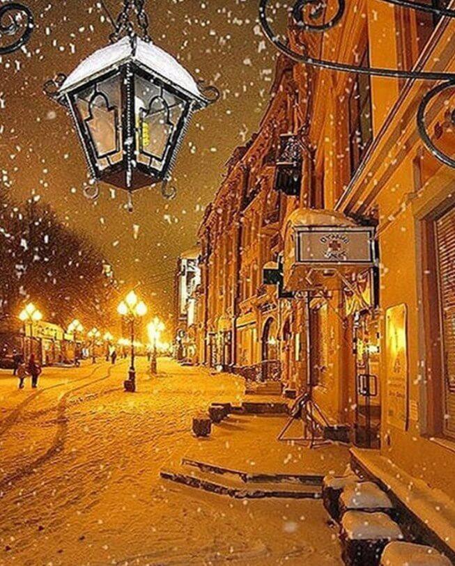 Winternacht Straßenansicht - Diamond Painting