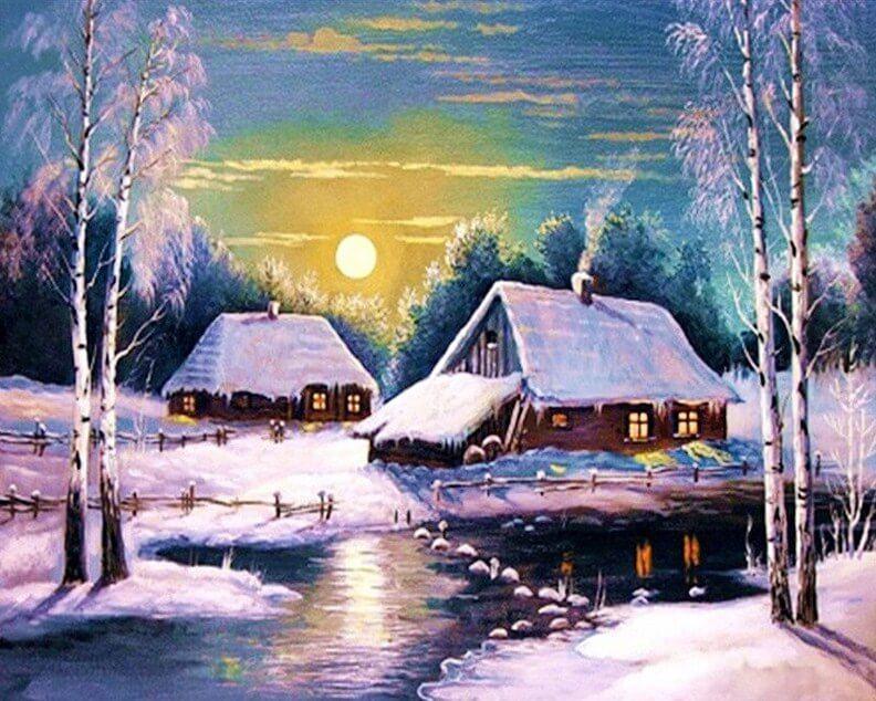 Winter Sonnenuntergang Landschaft - Diamond Painting