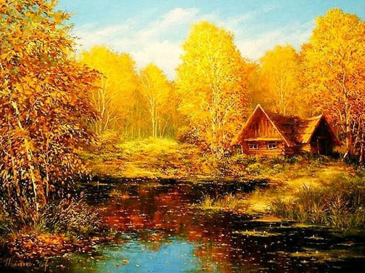 Gelbe Herbstbäume & Hütte - Diamond Painting