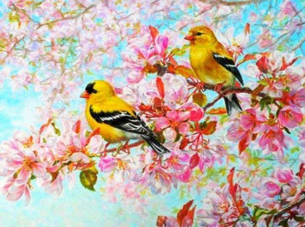 Gelbe Vögel & rosa Blüten - Diamond Painting
