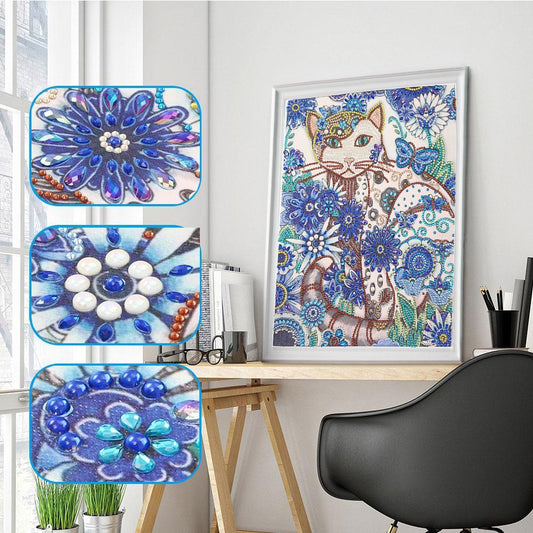Katze mit blauer Blume - Spezial Diamond Painting - Diamond Painting