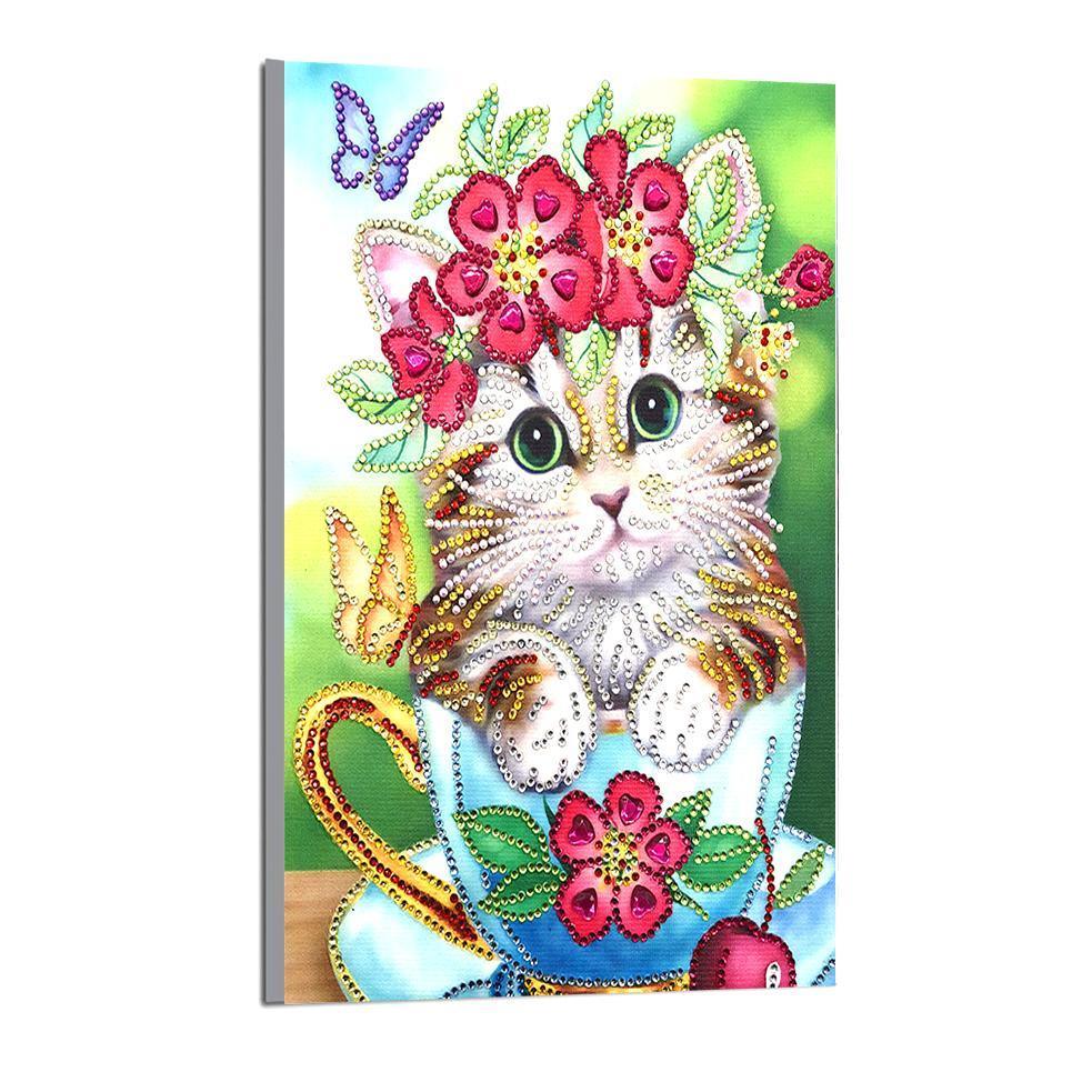 Süße Katze mit Blumen - Spezial Diamond Painting - Diamond Painting
