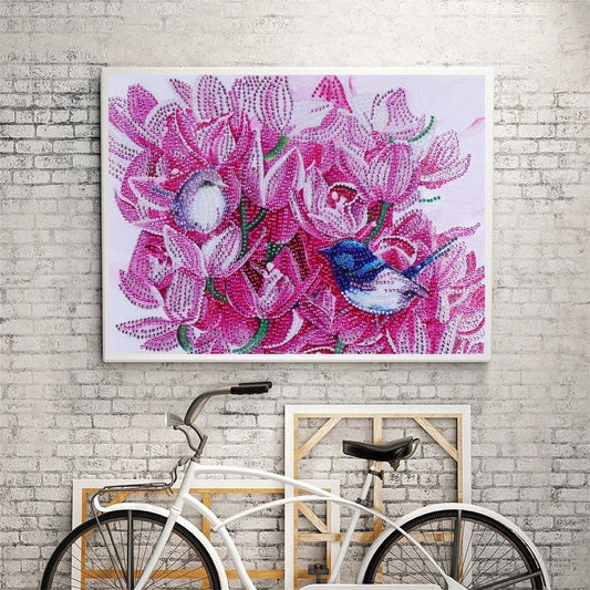 Vögel zwitschern auf rosa Blumen - Diamond Painting