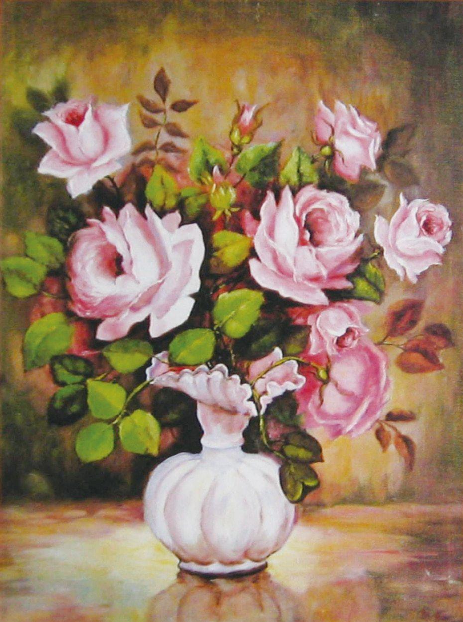Weiße Vase & rosa Rosen - Diamond Painting