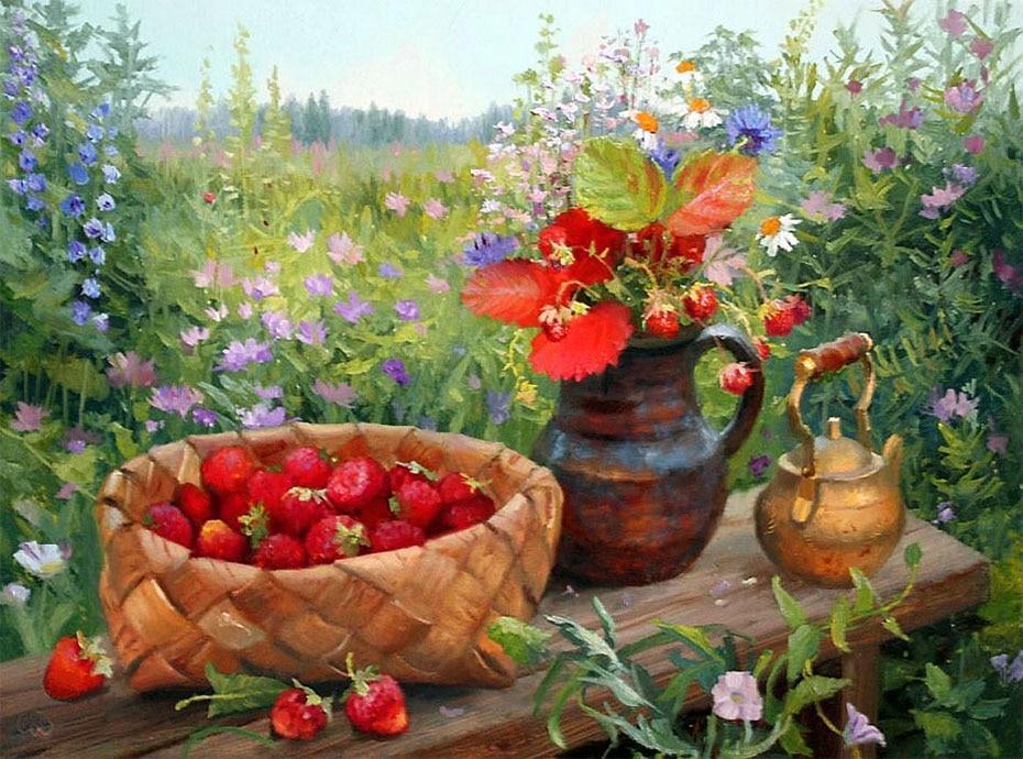 Korb voller Erdbeeren & Blumentopf - Diamond Painting