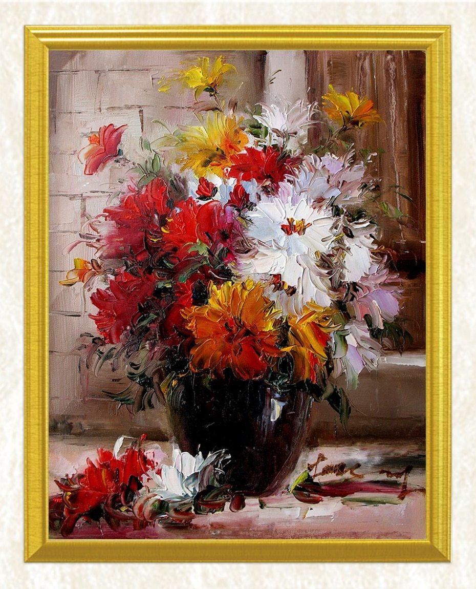 Rote, gelbe und weiße Blumen in einer Vase - Diamond Painting