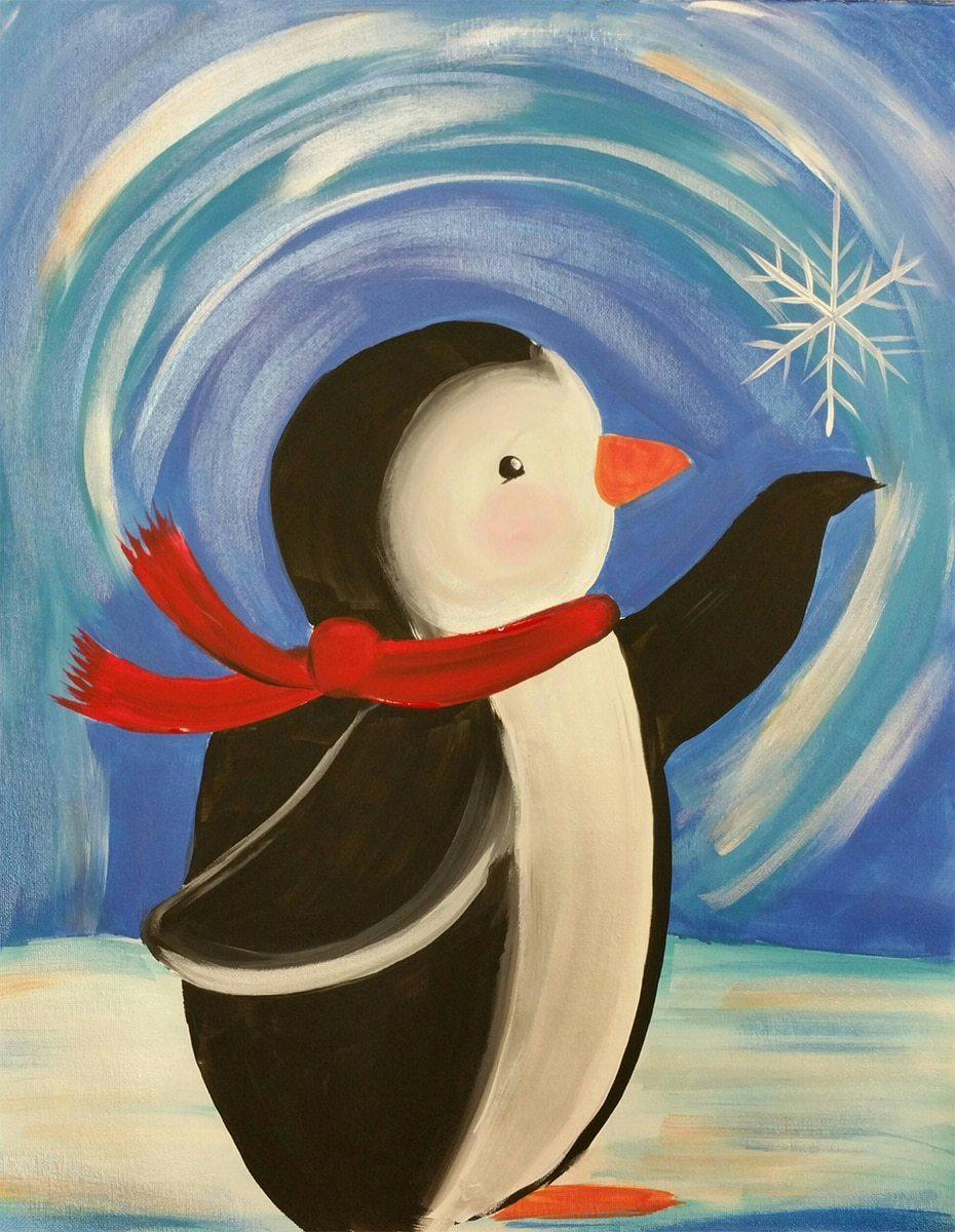 Kleiner Pinguin der Schneeflocke fängt - Diamond Painting
