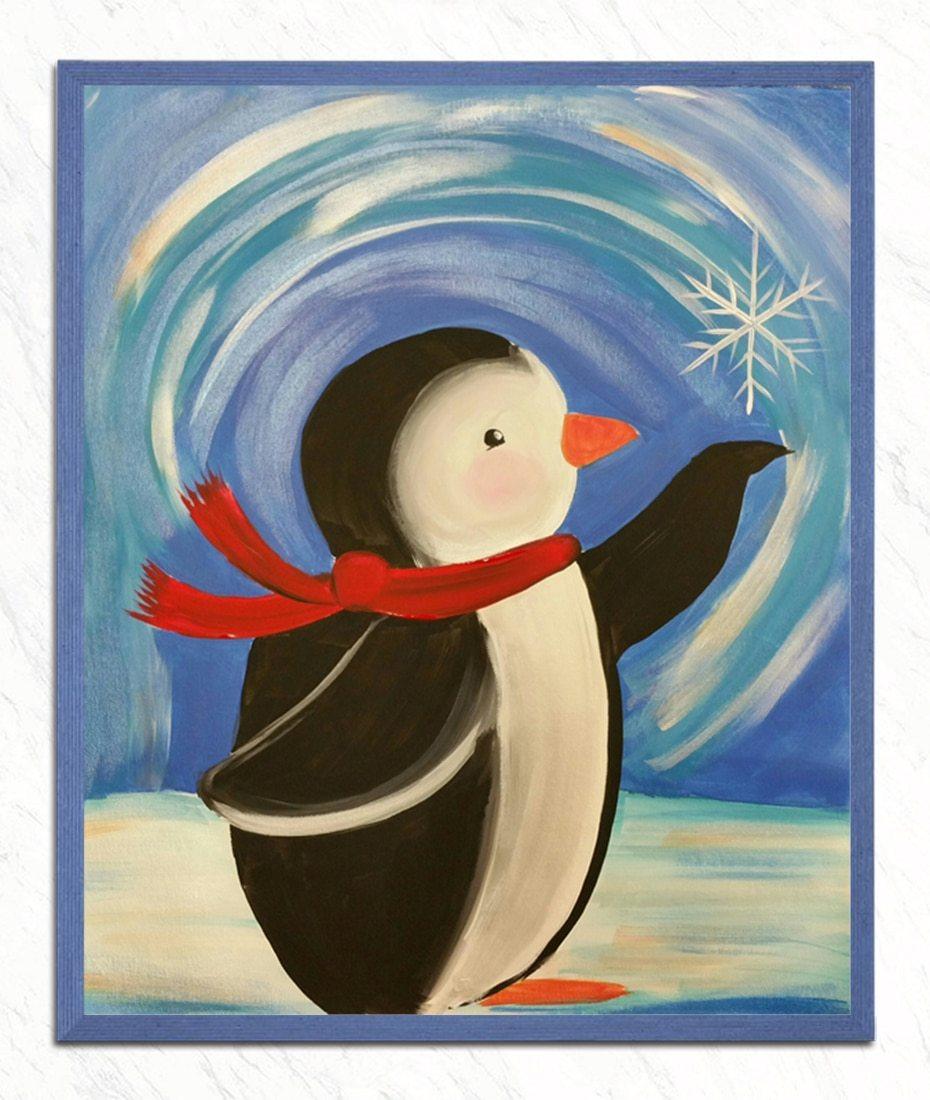 Kleiner Pinguin der Schneeflocke fängt - Diamond Painting