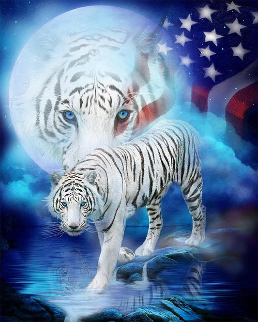 Weiße Tiger & amerikanische Flagge - Diamond Painting