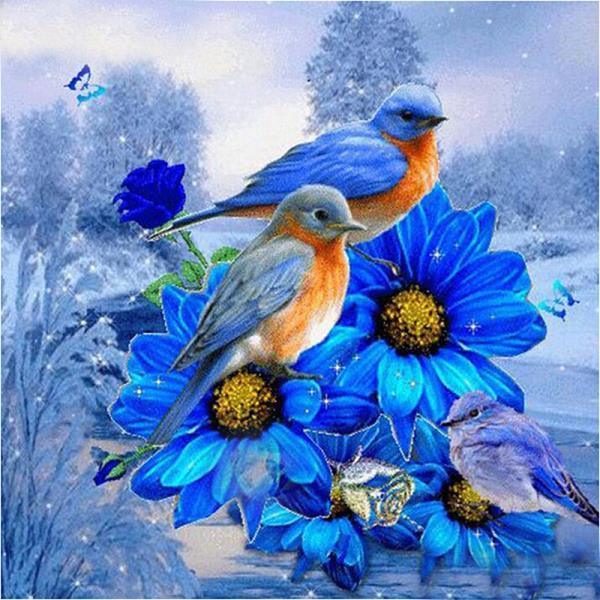 Blaue Blumen & Vögel im Schnee - Diamond Painting